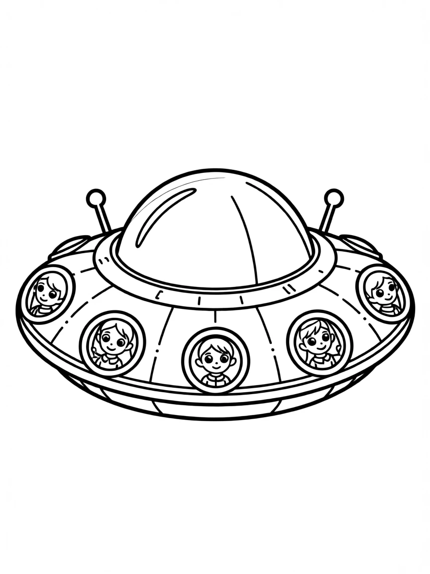 A flying saucer with alien pilots visible through portholes