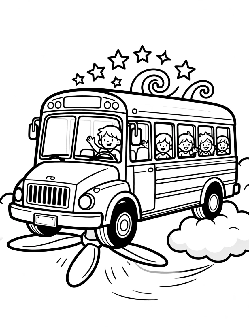 A magical school bus transformed into a flying vehicle