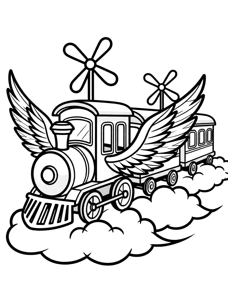 A flying train with wings and propellers defying gravity