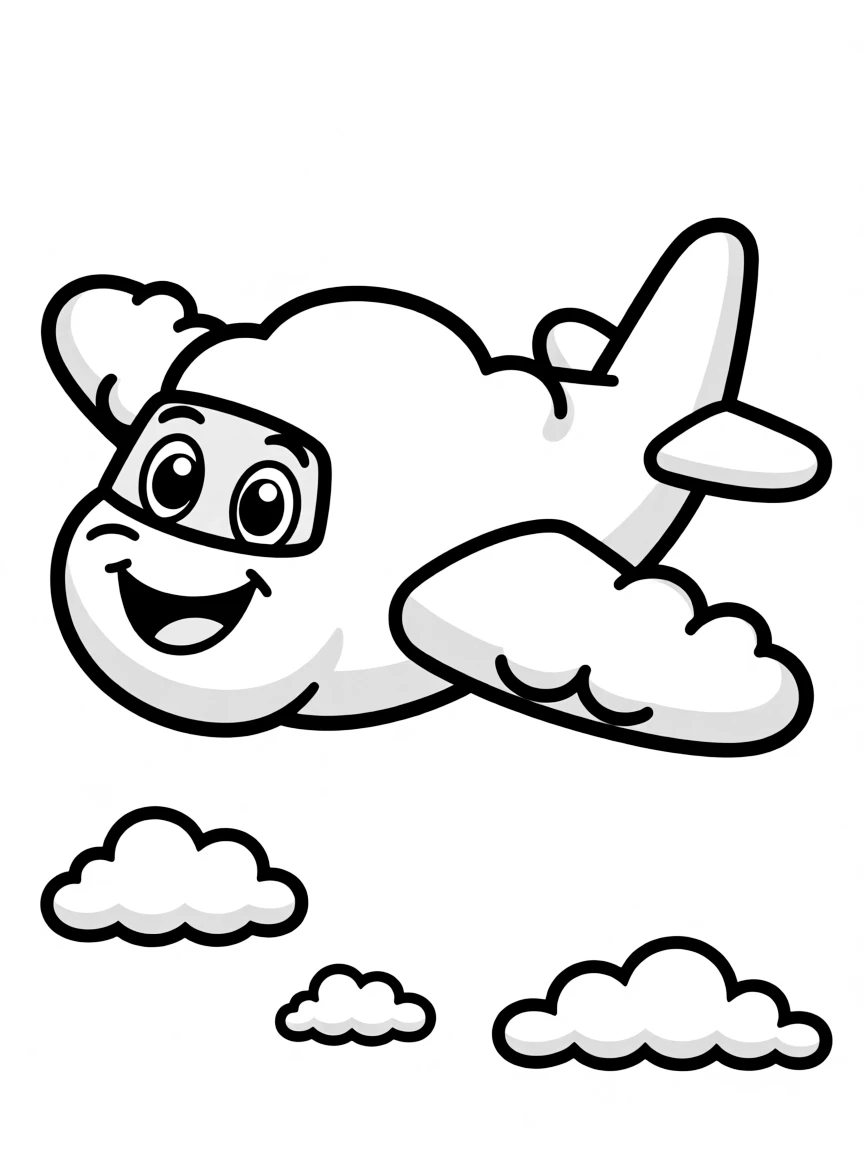 A cloud that has been shaped into an airplane with smiling face
