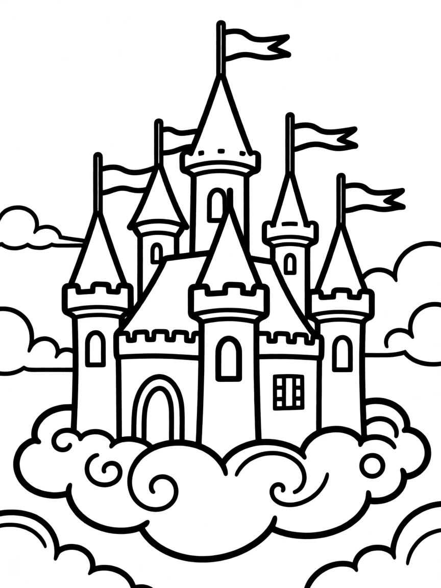 A magical flying castle with turrets and flags