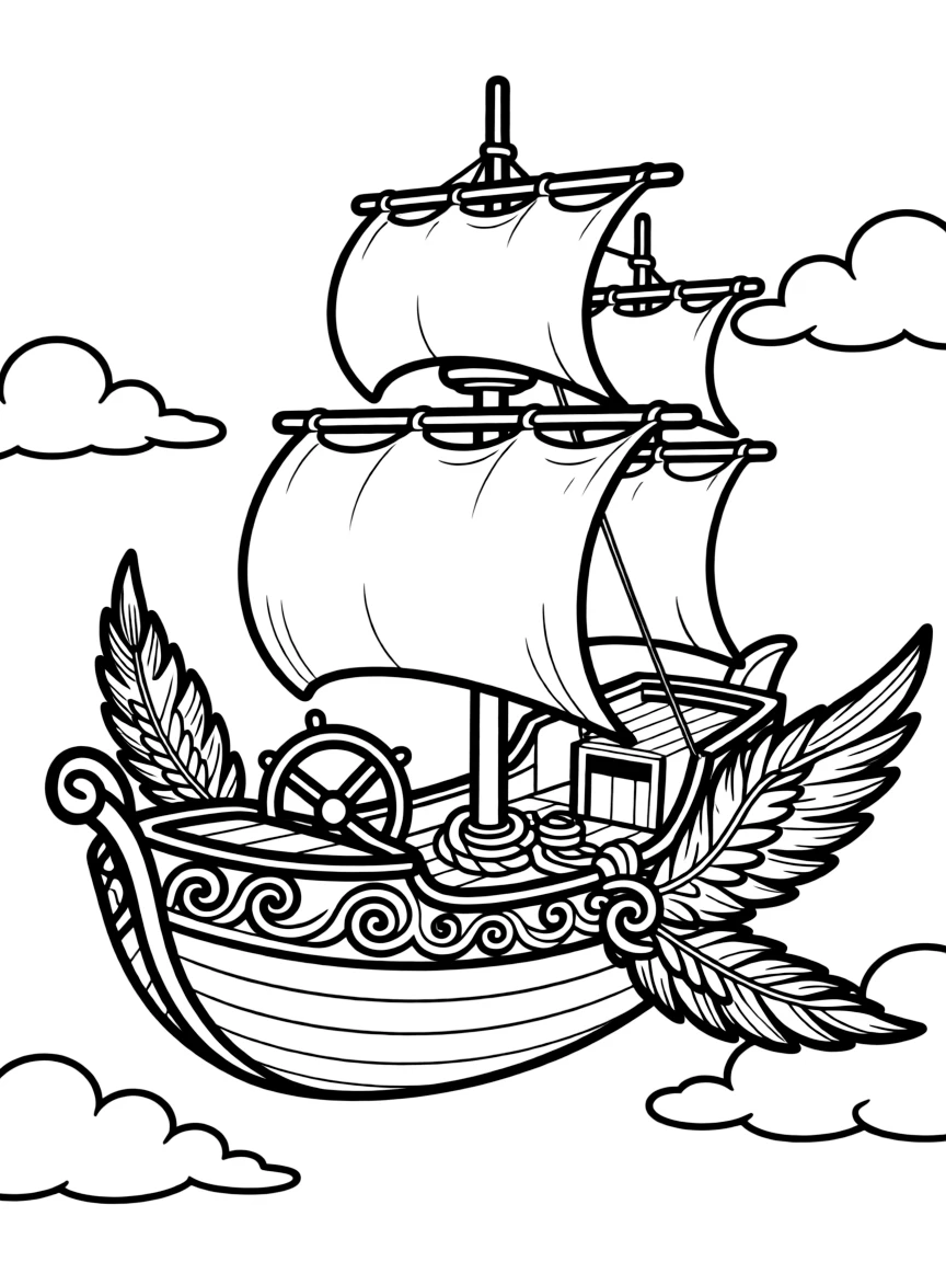A flying boat with elaborate fantastical decorations