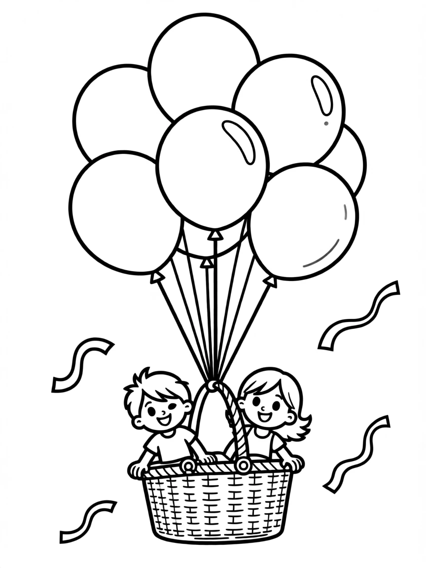 A bouquet of balloons carrying a picnic basket with passengers