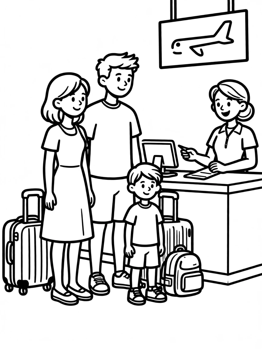 A family checking in at an airline counter with luggage