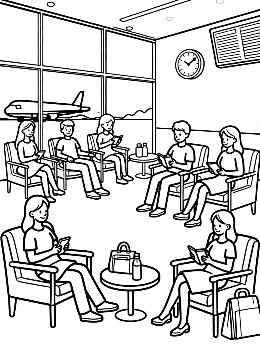 An airport lounge with passengers waiting for flights