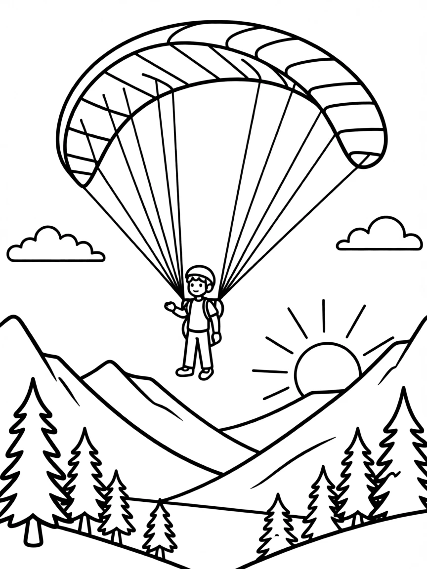 A paraglider soaring over a mountain valley