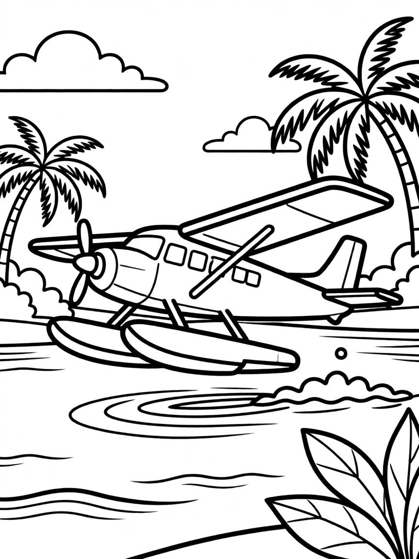 A seaplane taking off from a tropical lagoon