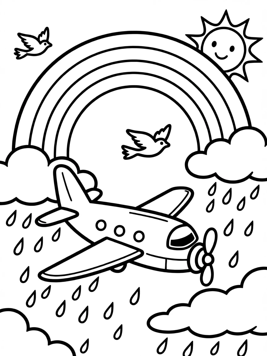 An aircraft flying through a rainbow after a rainstorm