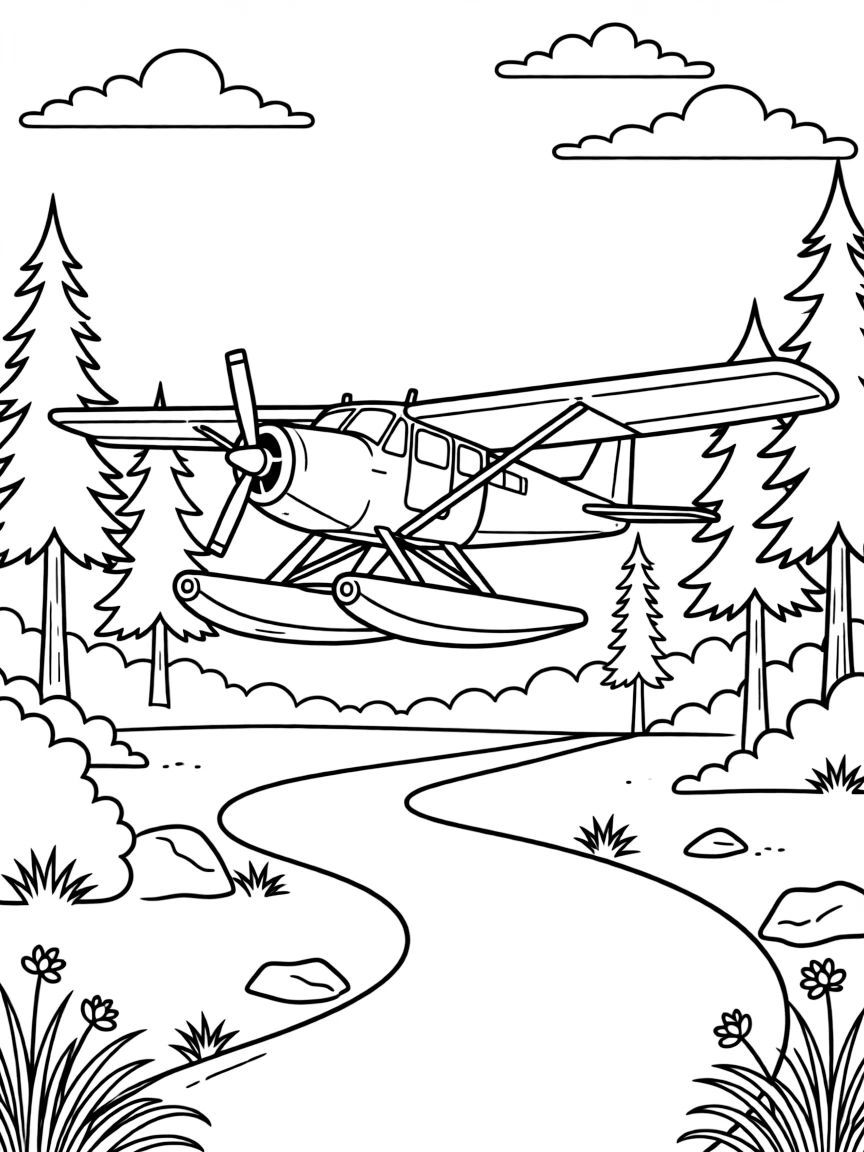 A bush plane landing on a short dirt airstrip in the wilderness