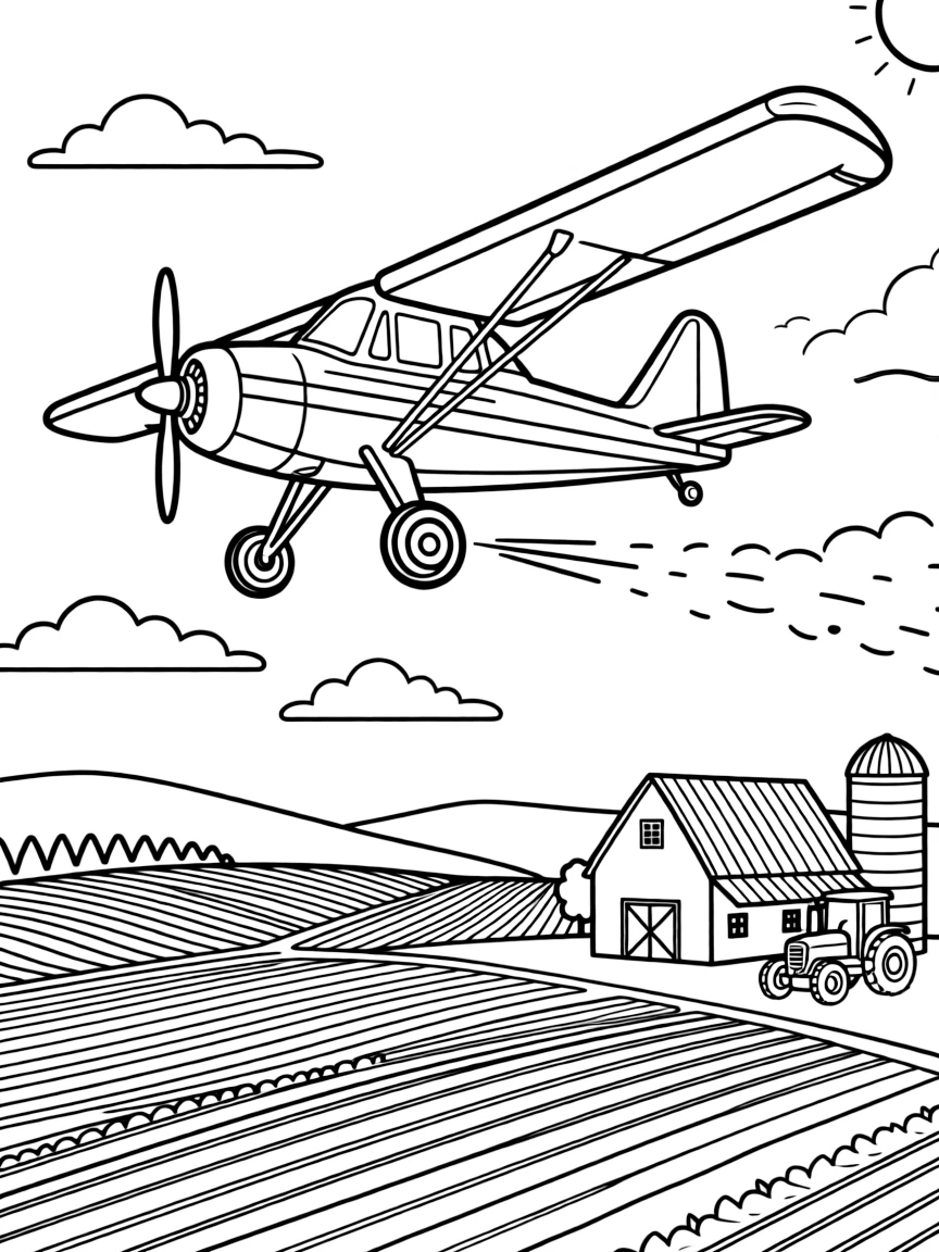 A crop duster spraying fields with detailed farming landscape
