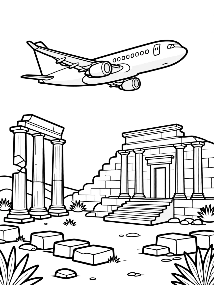 An airplane flying over ancient ruins and archaeological sites