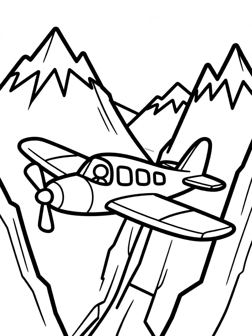 A plane flying through a narrow mountain pass with tall peaks
