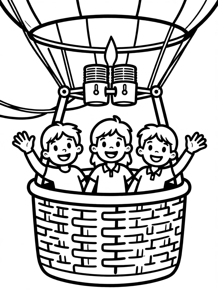 A hot air balloon basket interior with passengers and burner
