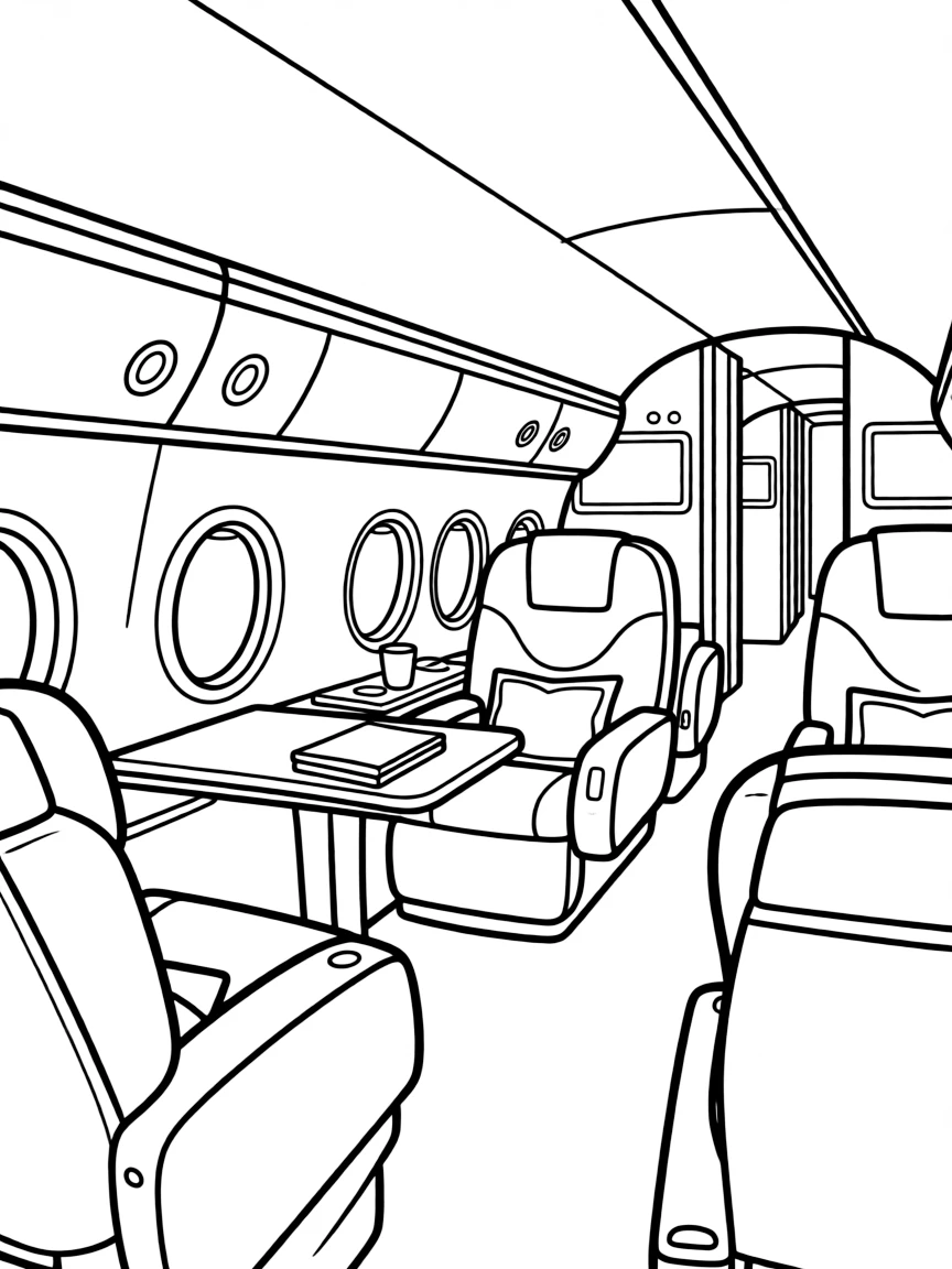 A business jet luxury cabin with plush seating and amenities