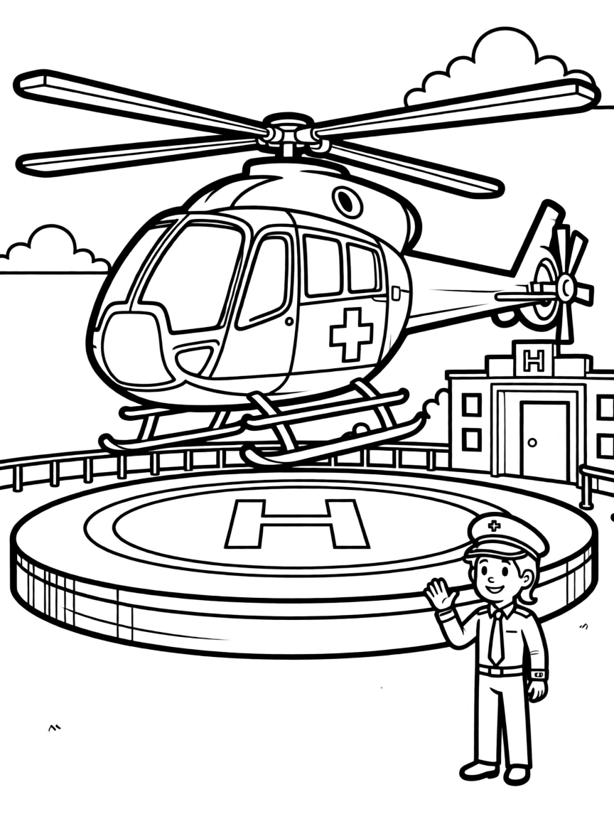 An air ambulance arriving at a hospital helipad