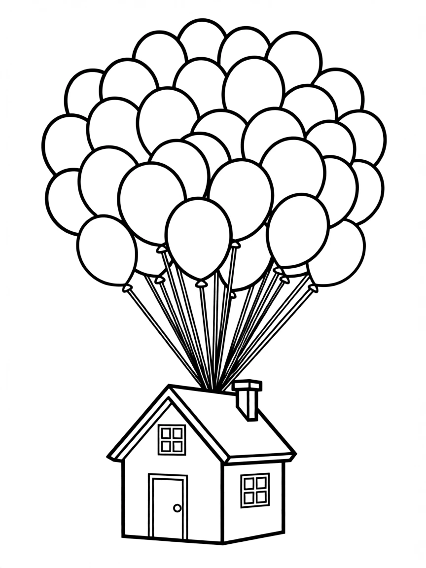 A flying house carried by thousands of balloons