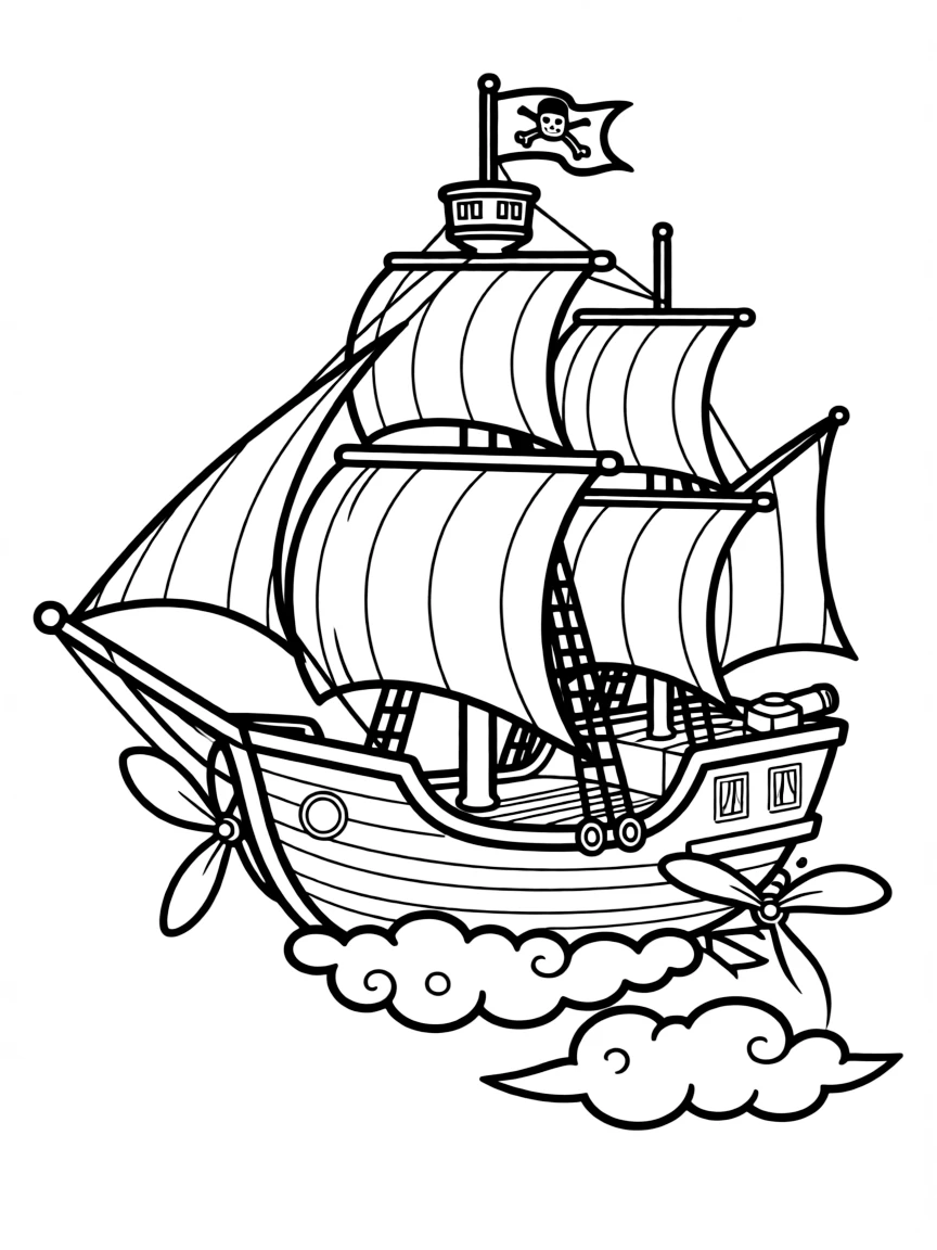 A flying pirate ship with sails and propellers