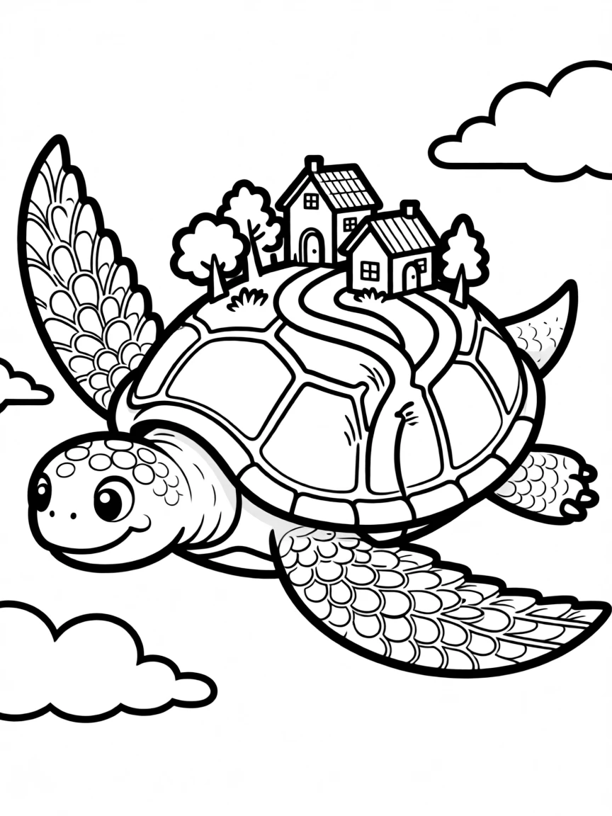 A giant flying turtle with a village on its shell
