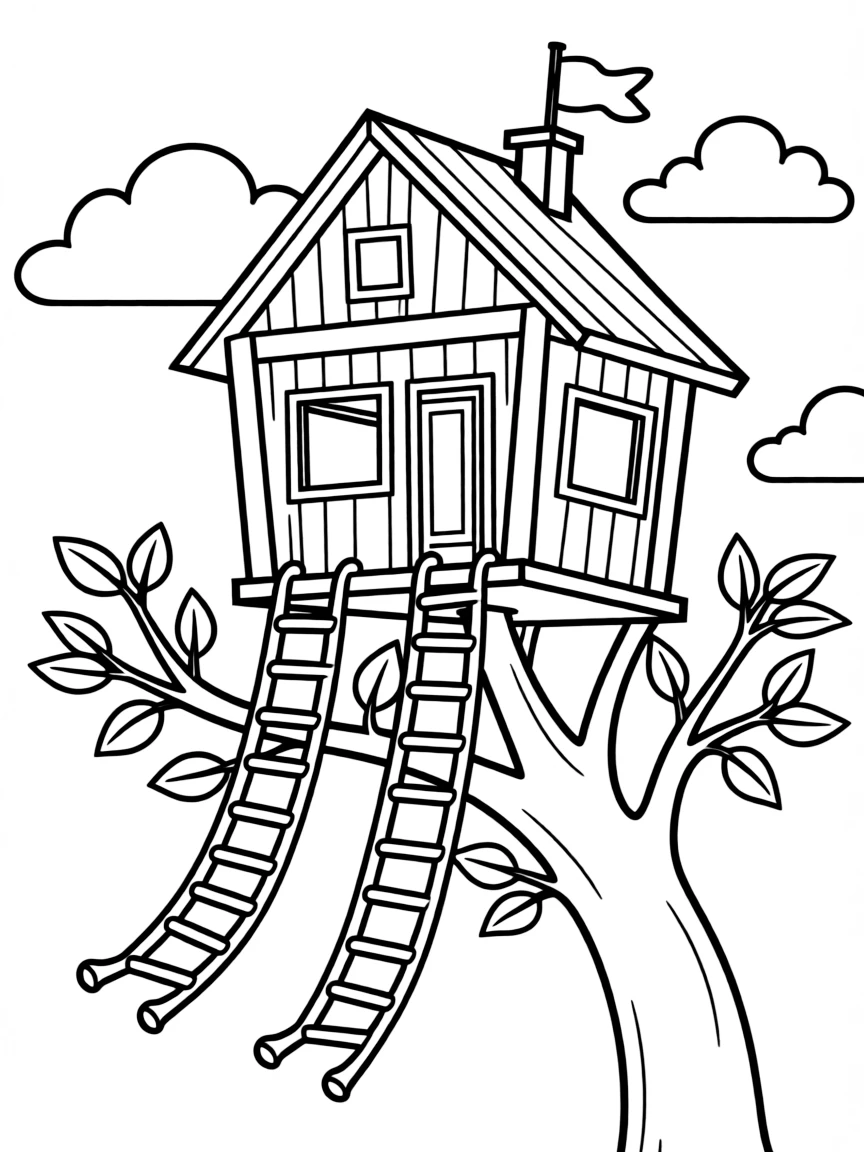 A flying treehouse with rope ladders hanging down