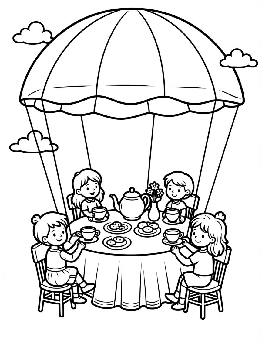 A flying tea party with tablecloth as a parachute