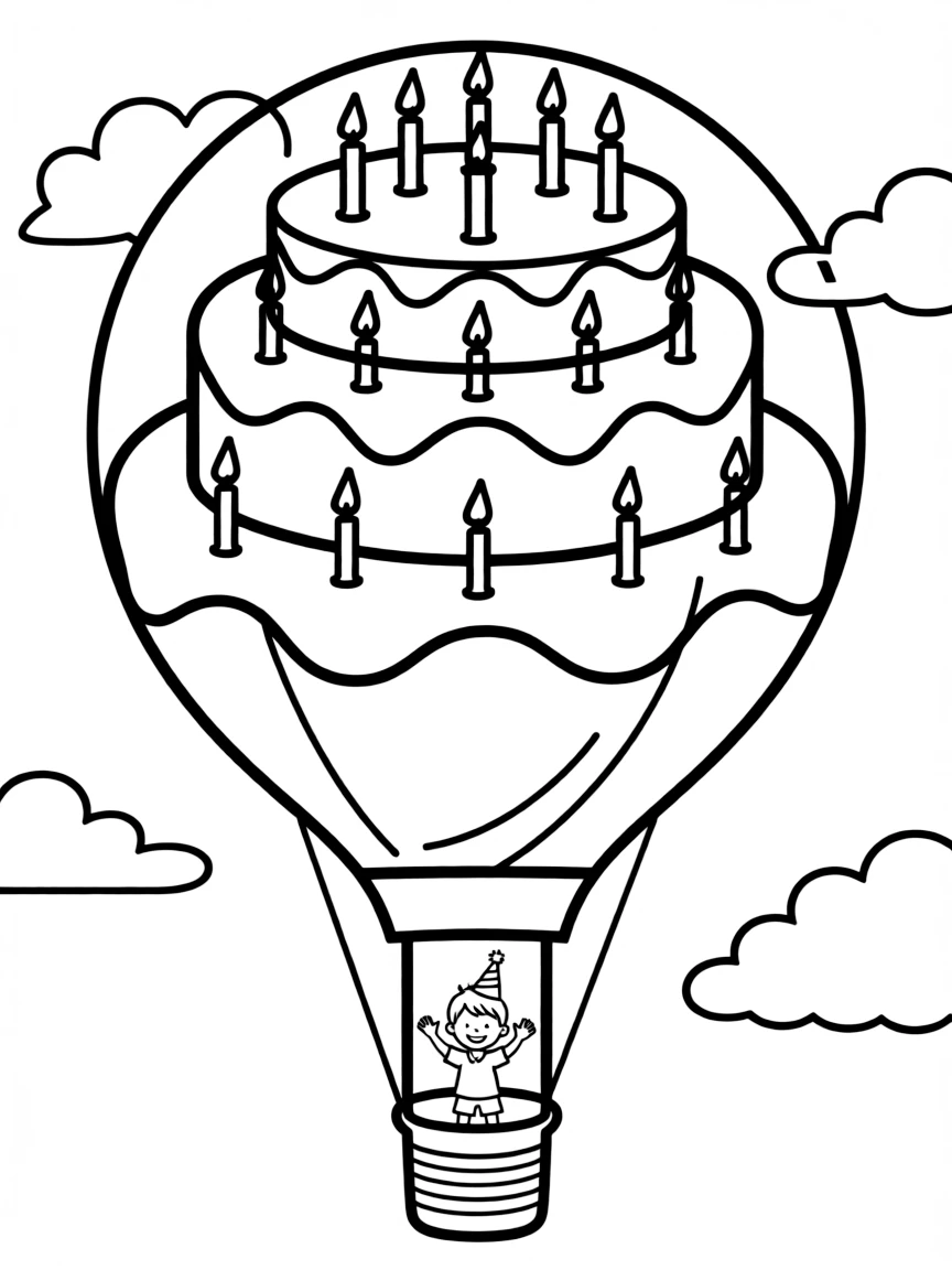 A hot air balloon shaped like a birthday cake