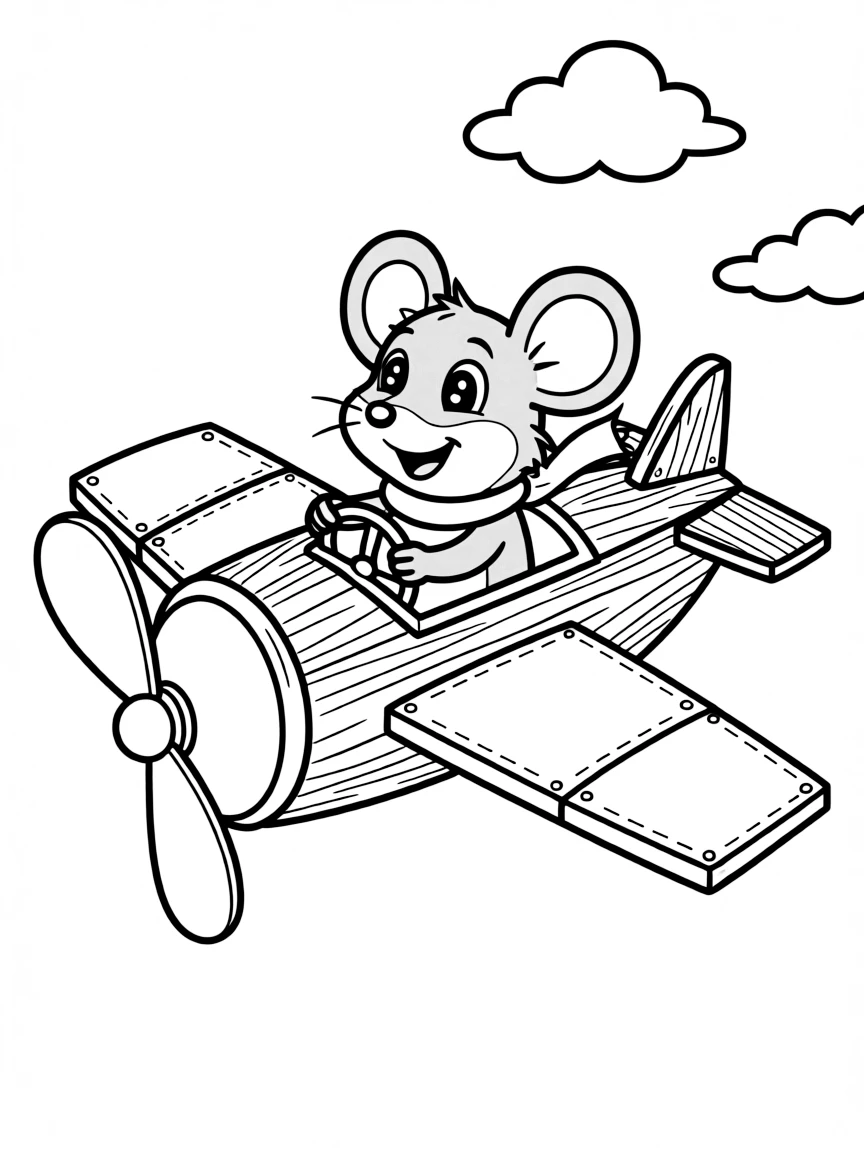 A cartoon mouse flying a makeshift airplane