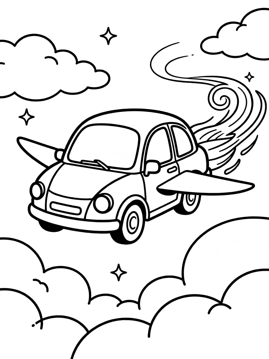 A magical flying car soaring above clouds