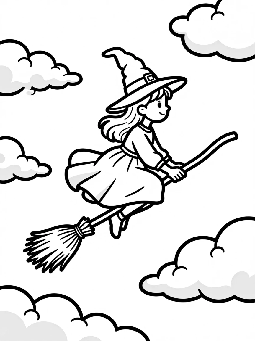 A witch flying on a broomstick through clouds