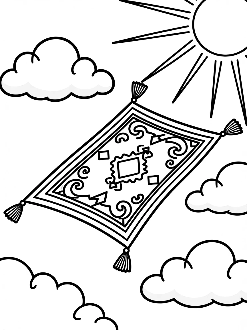 A flying carpet with ornate designs soaring through sky
