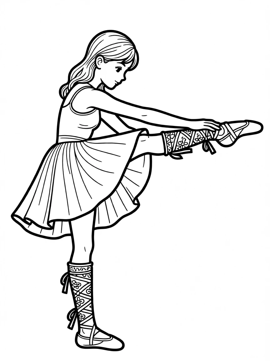 A ballet dancer stretching with elaborate leg warmers and a detailed practice outfit