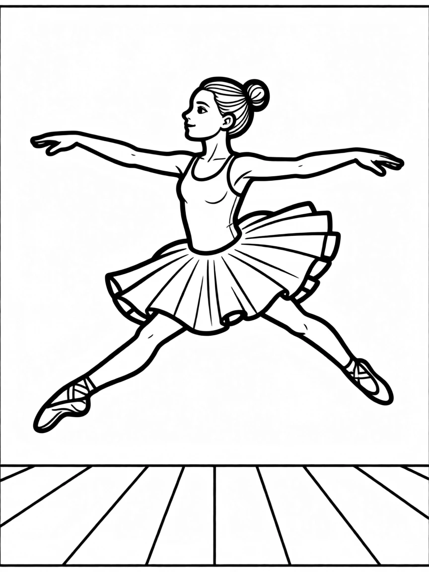 A ballet dancer performing a grand jeté across the stage with arms extended