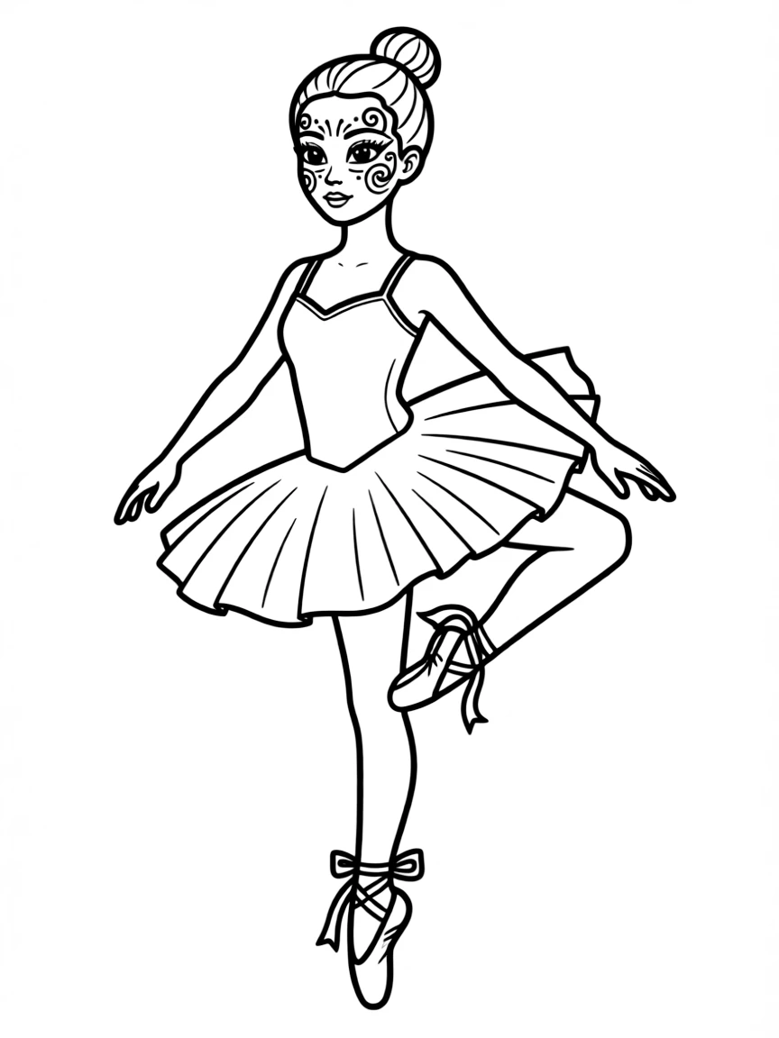 A ballerina in an attitude derrière pose with ornate stage makeup