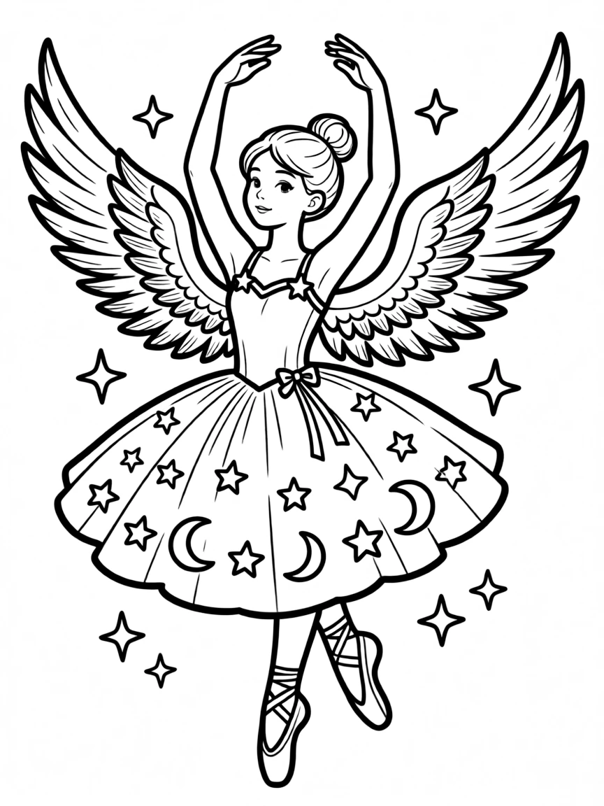 A ballerina with angel wings in a celestial-themed costume design