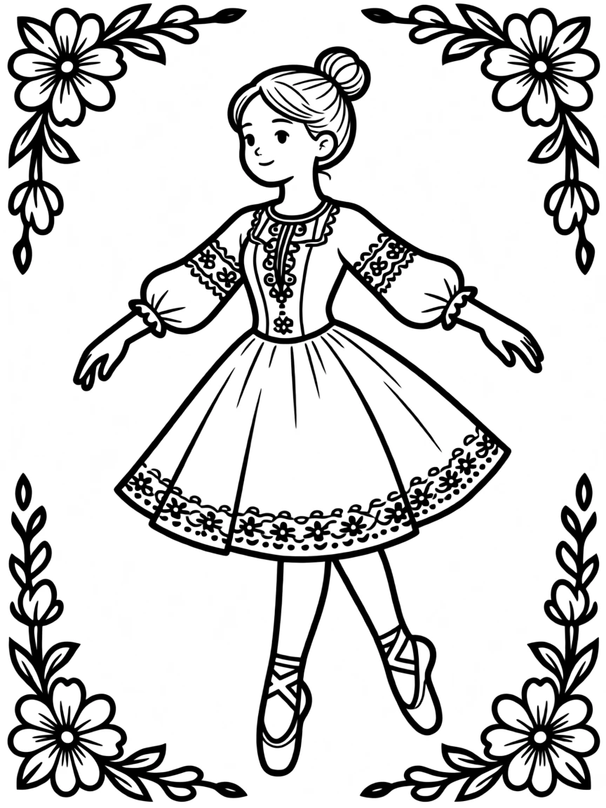 A ballet dancer in a folk-inspired costume with intricate embroidery patterns