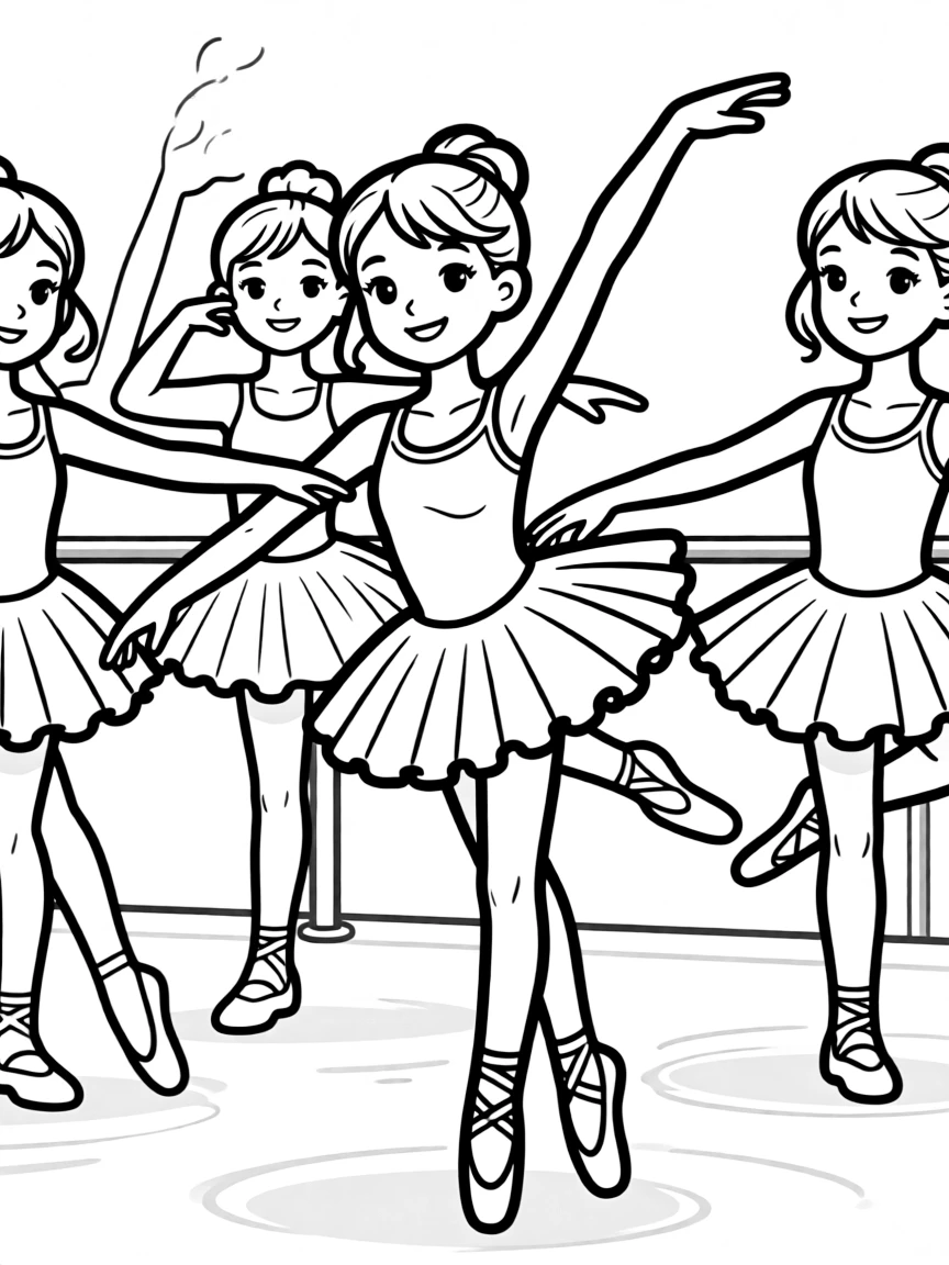 A children's ballet class in various positions with individual characteristics