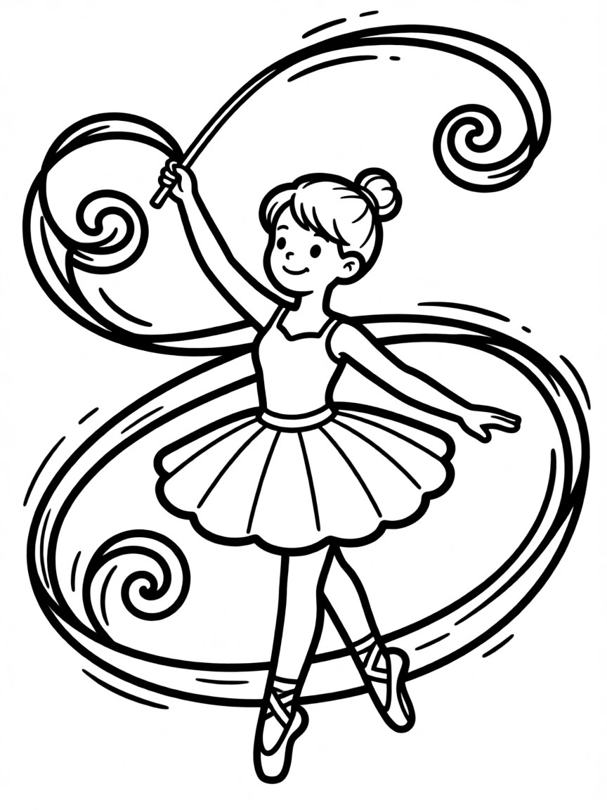 A ballet dancer with a ribbon wand creating spiraling patterns in the air