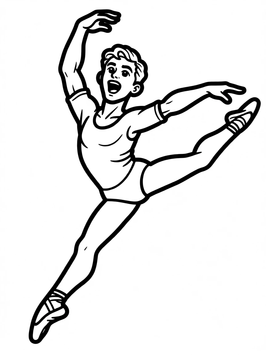 A male ballet dancer in mid-jump with dramatic facial expression