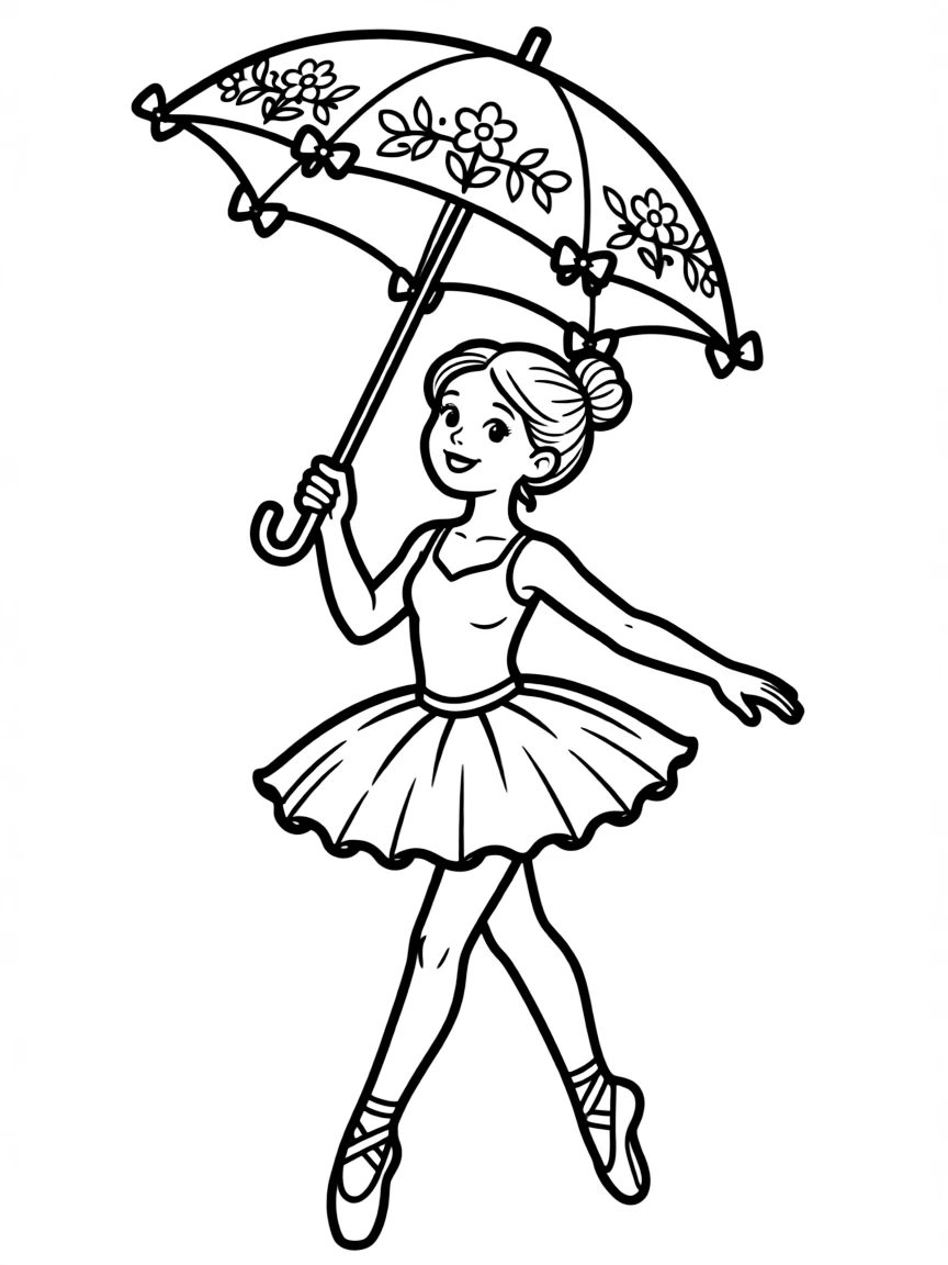 A ballet dancer performing with a prop umbrella with decorative elements