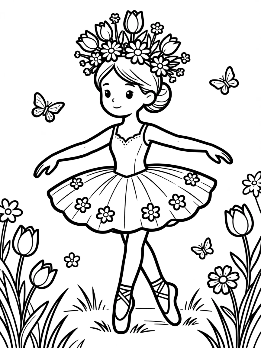A ballerina with a crown of flowers in a springtime-themed performance
