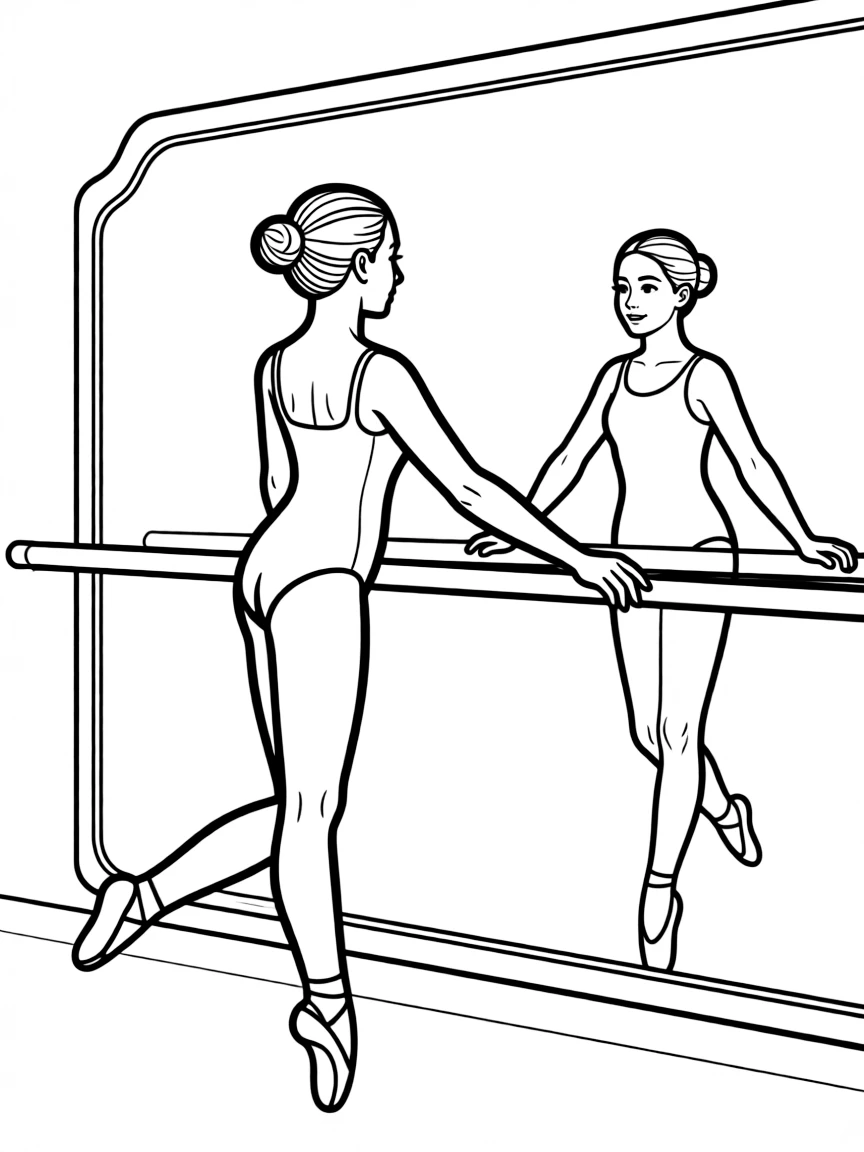 A ballet dancer stretching at the barre with mirror reflection showing both sides