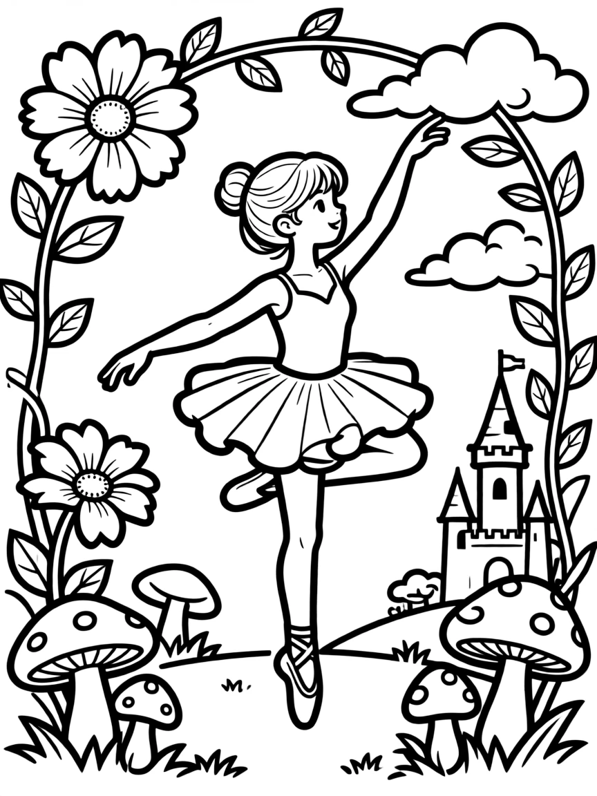 A ballerina performing on a decorated set with fairy tale elements