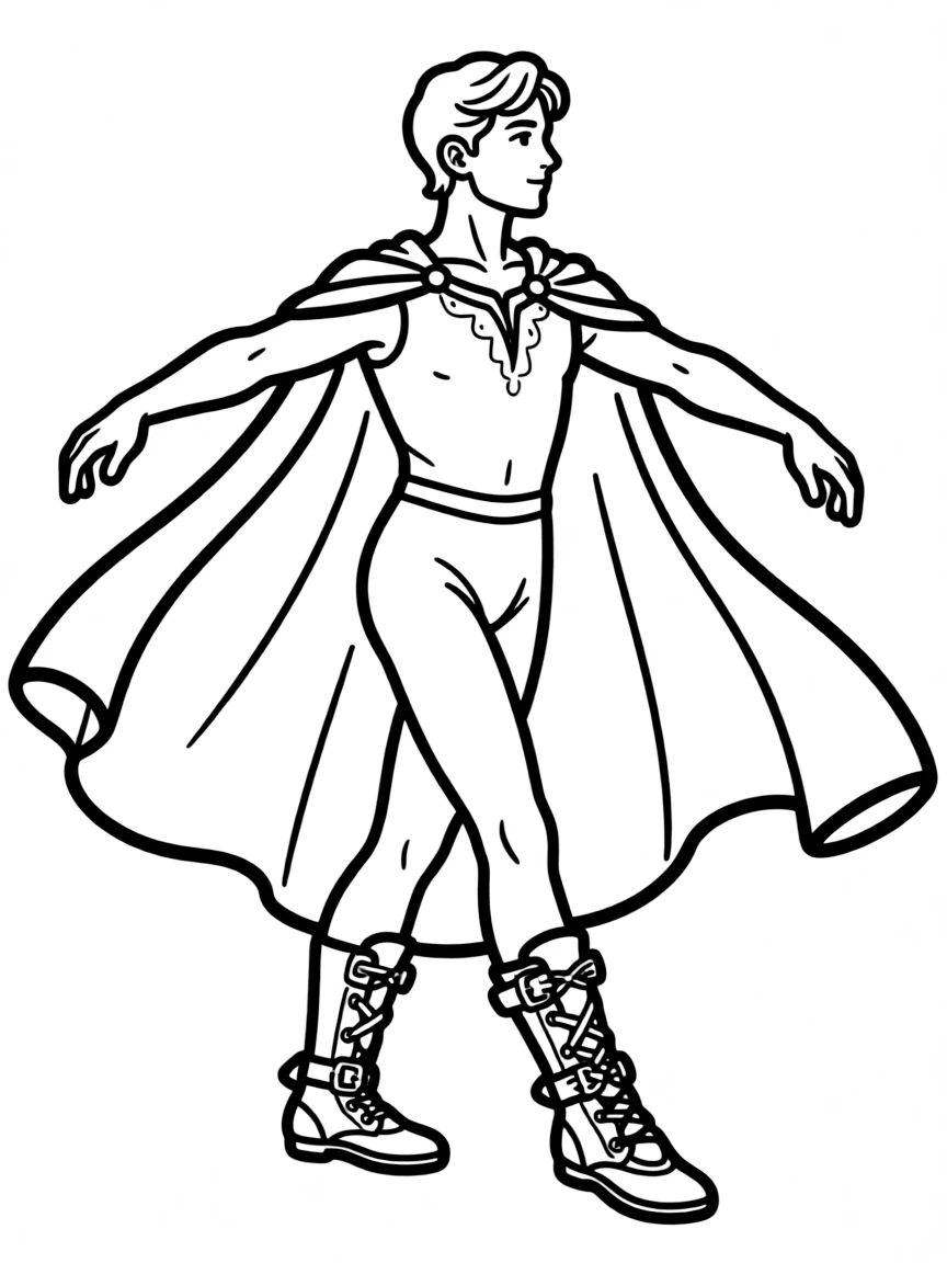 A male ballet dancer in heroic pose with cape and detailed boots