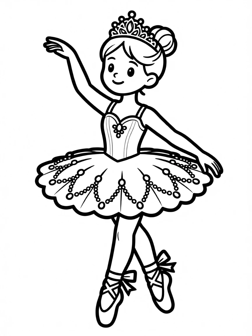 A ballerina in an elaborate tutu with jewel embellishments and tiara