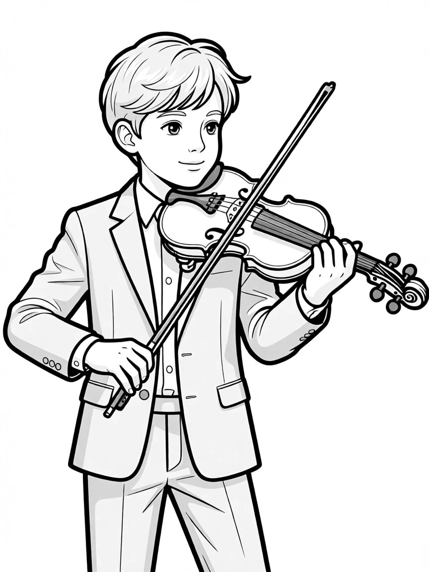 A violinist in formal attire performing with detailed instrument features