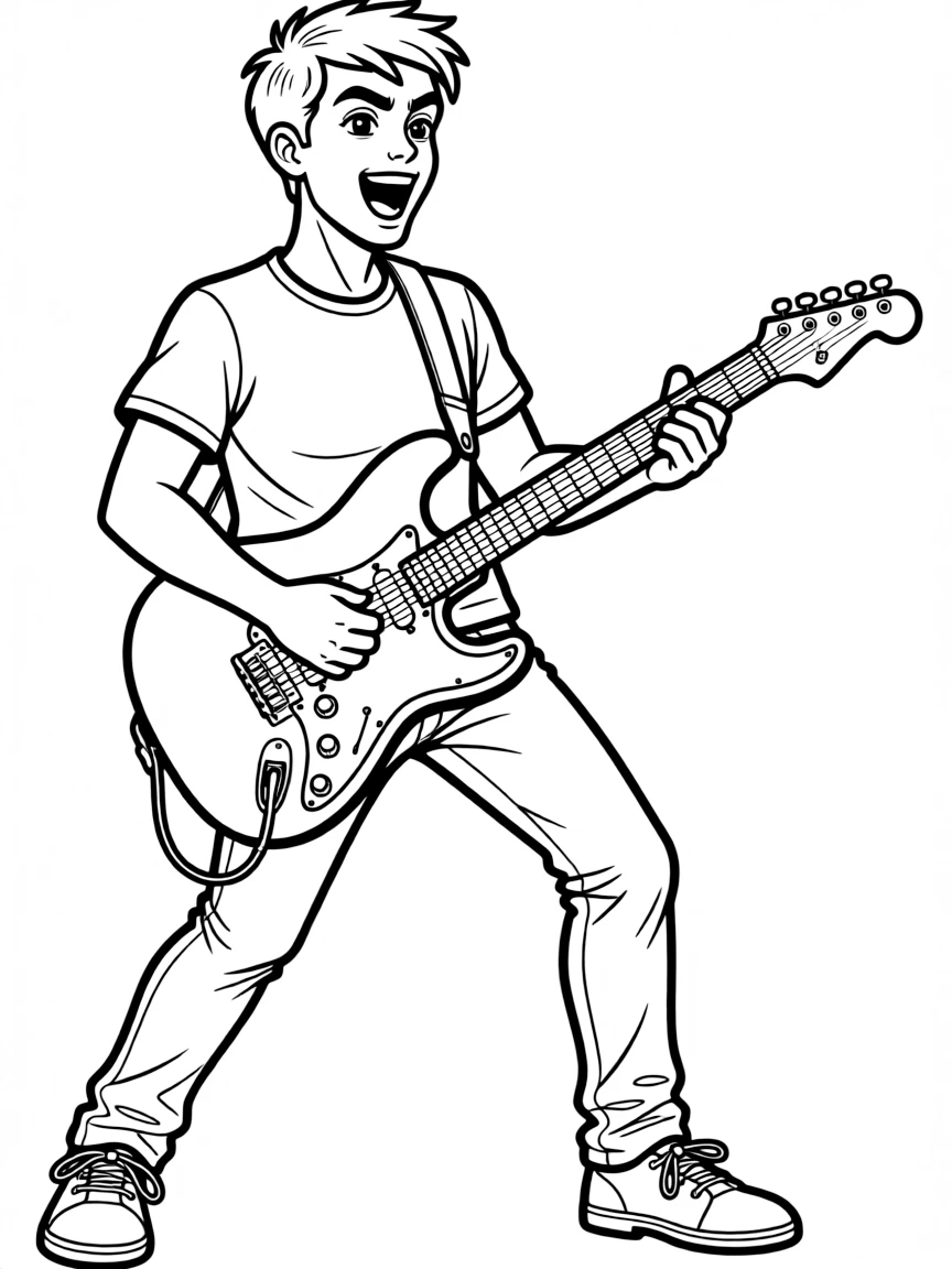 A rock guitarist mid-solo with detailed guitar and expressive face