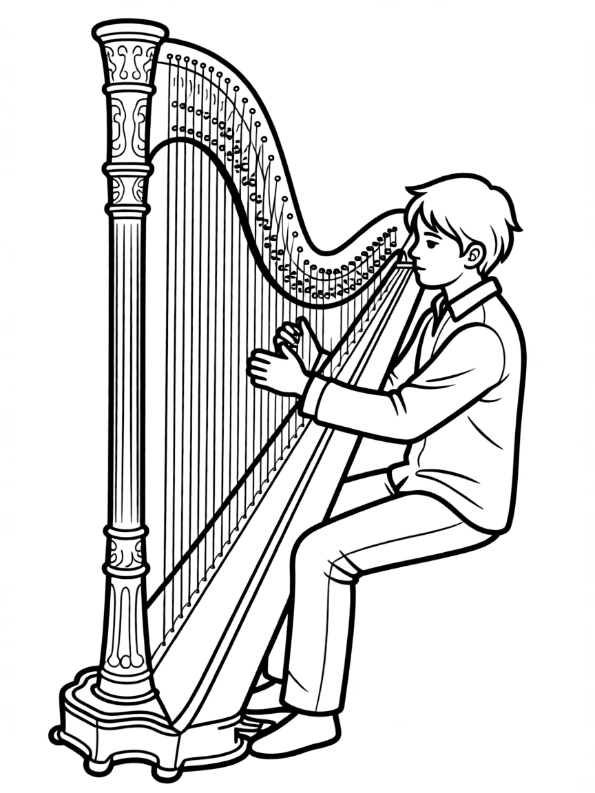 A harpist with an ornate harp showing detailed strings and frame decoration
