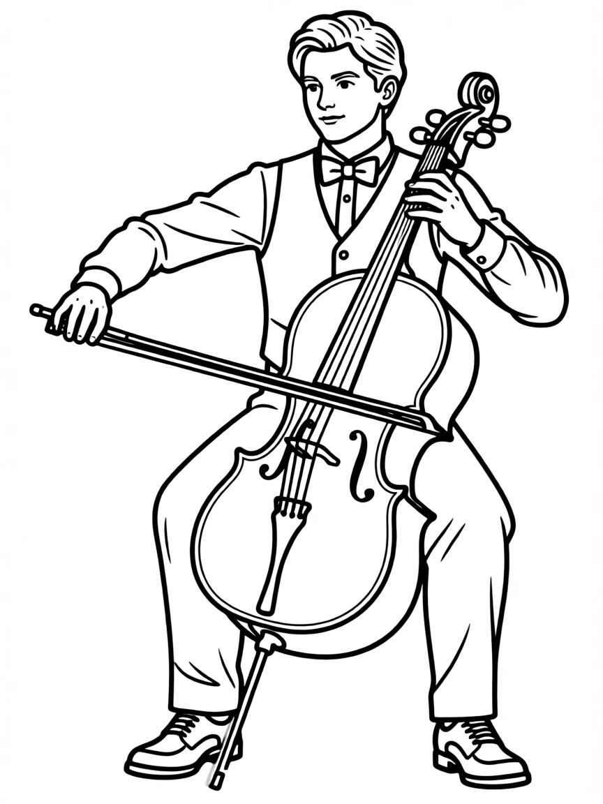 A cellist in formal performance attire with bow in dramatic position