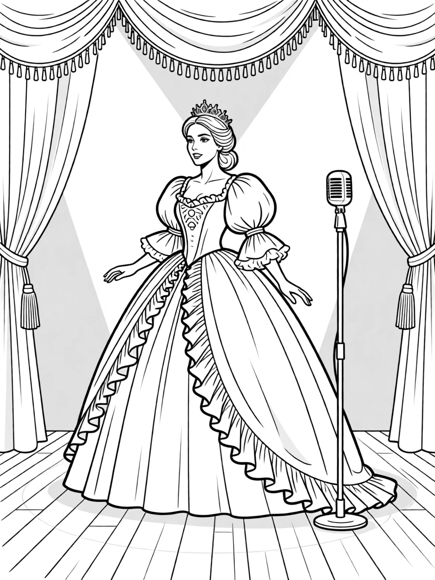 An opera singer mid-aria with elaborate costume and stage setting