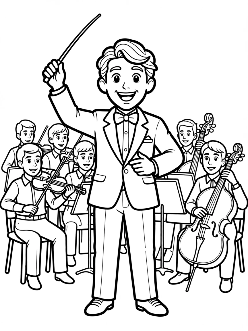 A conductor with baton raised leading an orchestra with detailed facial expression