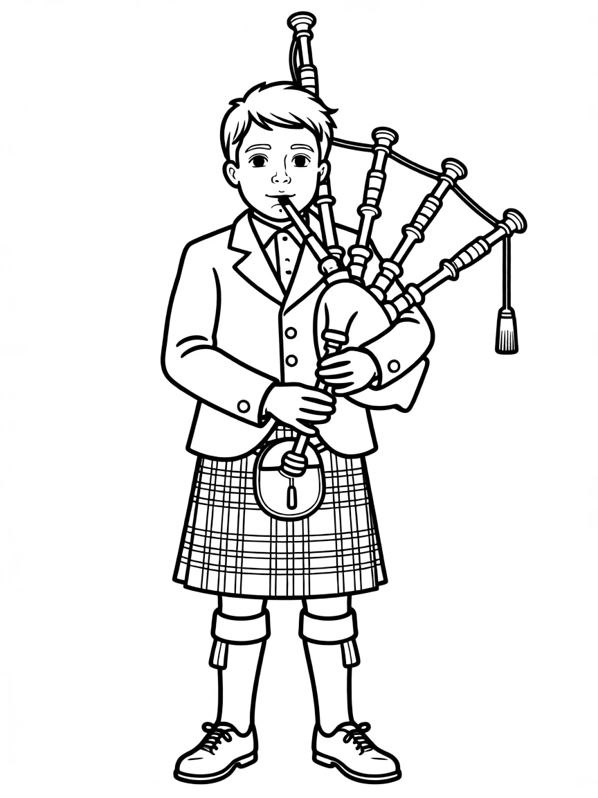 A bagpipe player in traditional Scottish attire with elaborate kilt pattern